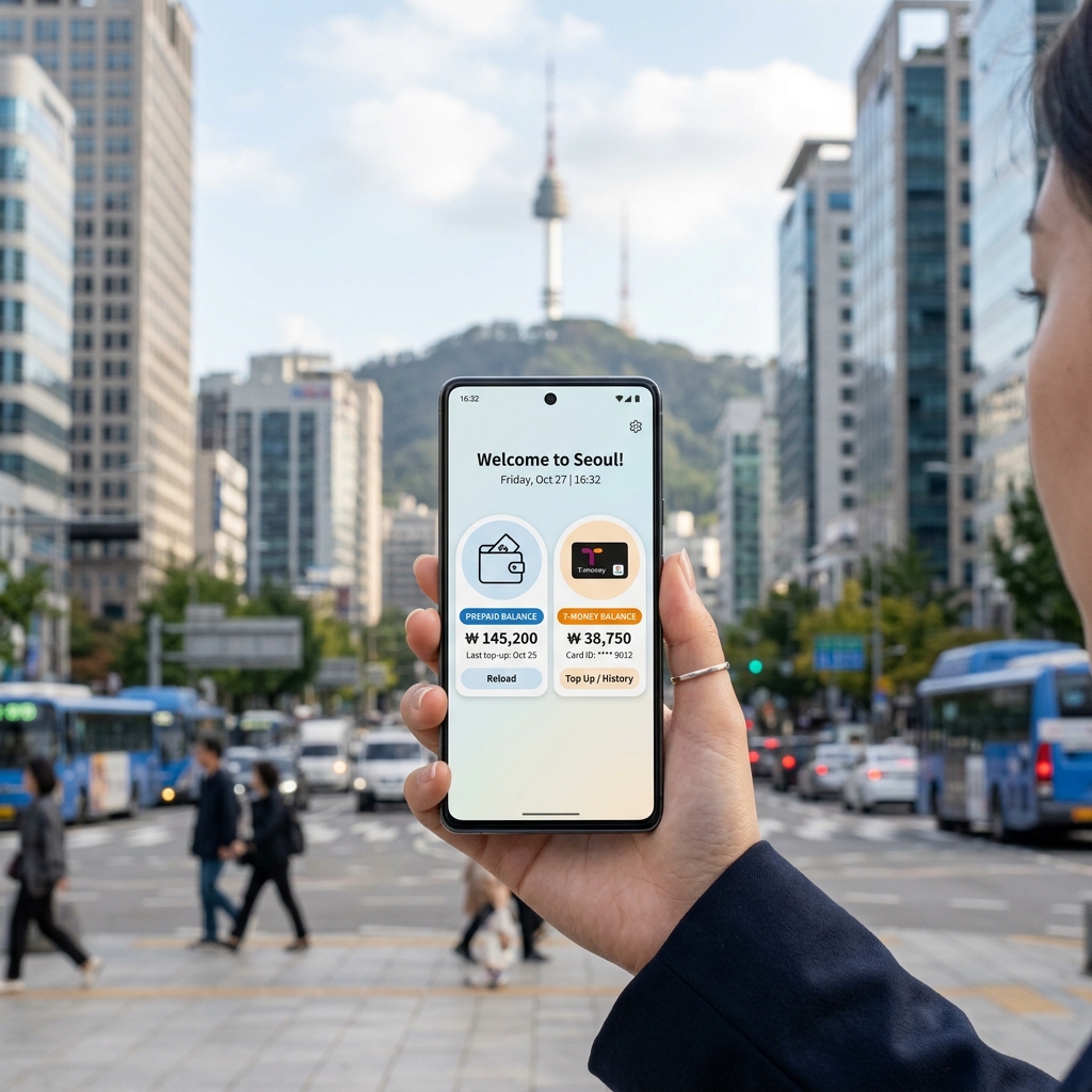 WOWPASS App Interface Showing Card Balance and T-money Transit Balance